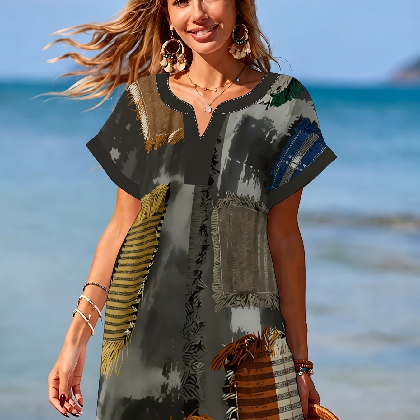 TEMU Women's V-neck Dress Summer Short Sleeve Loose Casual Short Skirt Retro Palm Texture Print Beach Dress American Pastoral Style Daily Outing