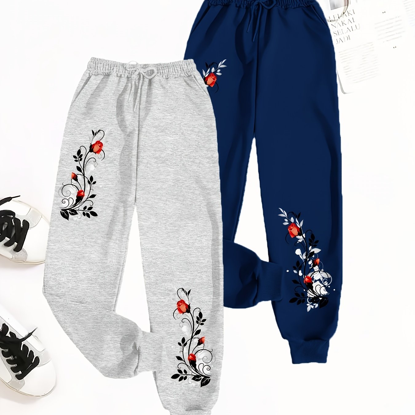 TEMU 2pcs Women's Casual Jogger Pants - Floral Print, Drawstring Loose Fit Spring/autumn Sportswear Trousers, Machine Washable