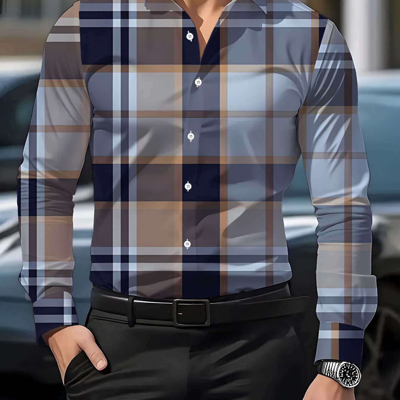 TEMU Men's Long-sleeve Shirt With Print, Featuring Classic Check Elements. A Blue And Brown Checkered Design, This 3d Casual Shirt Is Soft,
