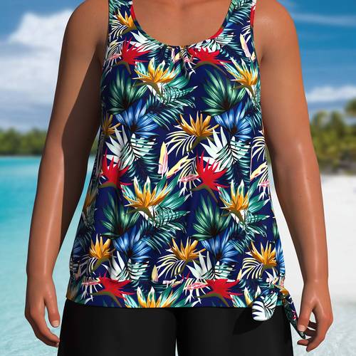 womens plus size swimsuit 2pcs set ini coconut tree or leaf print graphic round neck top plain womens swimwear clothing