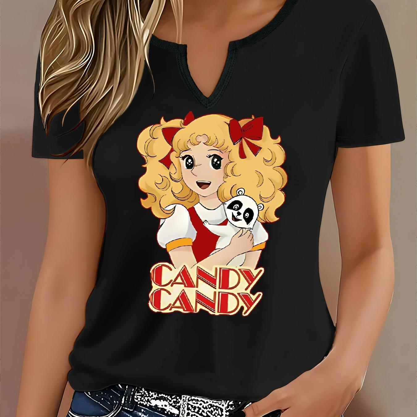 TEMU T-shirt compatta con scollo a V, design con lettere inglesi, stile casual flessibile da abbinare