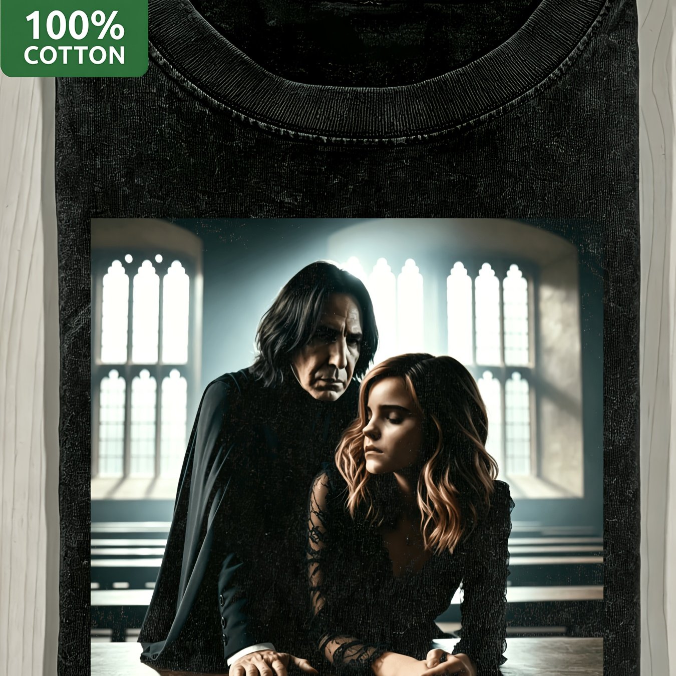 Image of Men's 270gsm Heavyweight Vintage Washed Snape Hermione Classroom Standing Tee Dark Gothic Wizard Couple Behind Desk Aesthetic Short Sleeve Tee