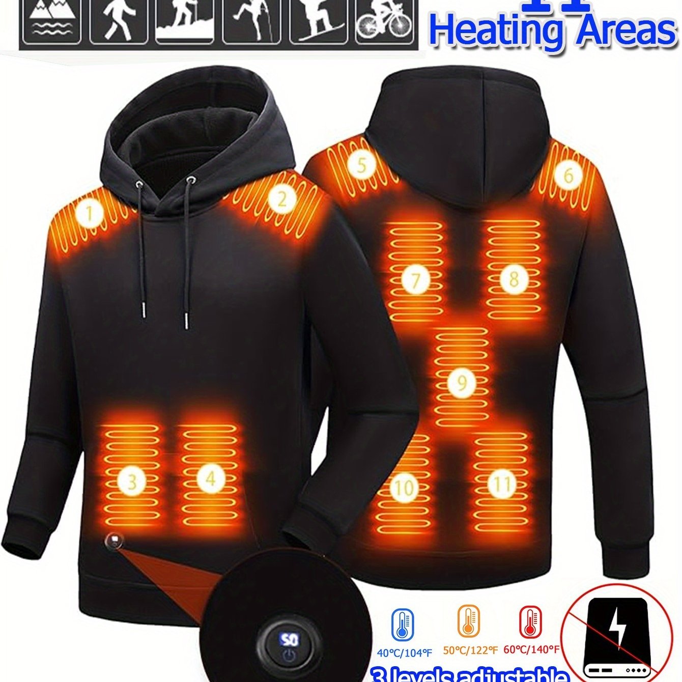 TEMU 11 Zones Jacket, Heated Jacket, Heated Hoodie Jacket, Men's Intelligent Electric Hooded Sweatshirt Loose Solid Kangaroo , Men And Women (unisex)