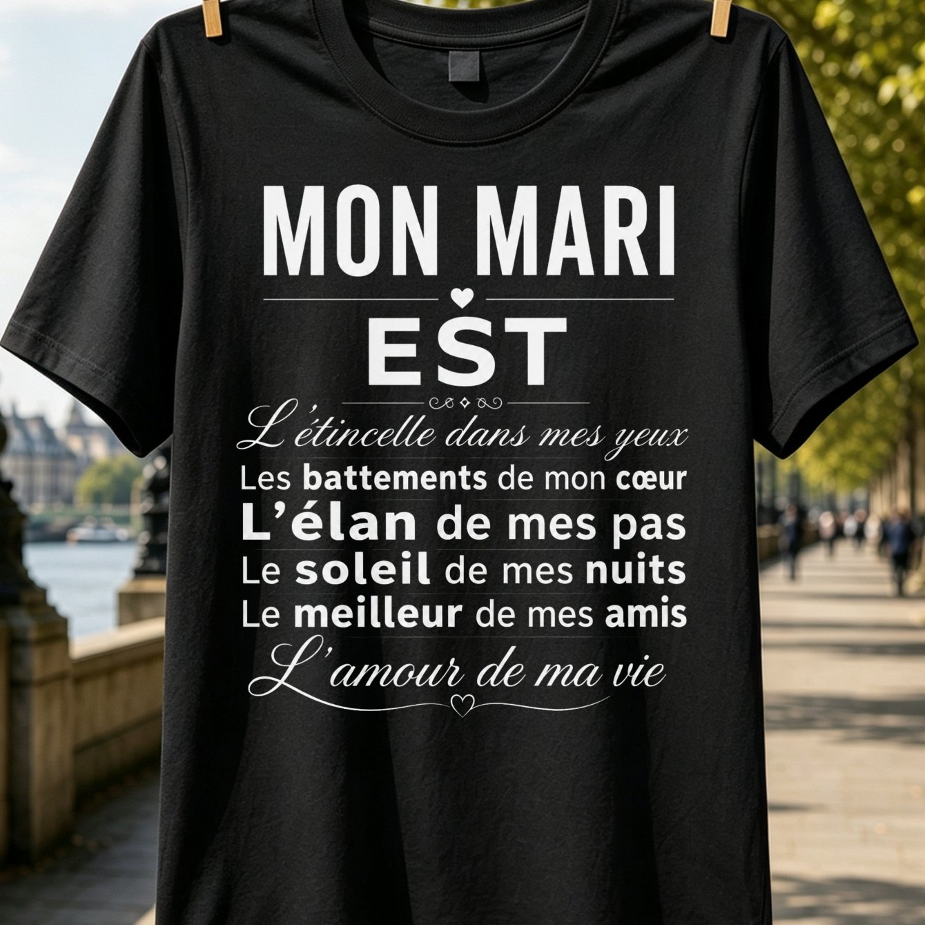 TEMU T-shirt unisexe à typographie avec français empilé et cœurs, imprimé « EST », thème à un mari