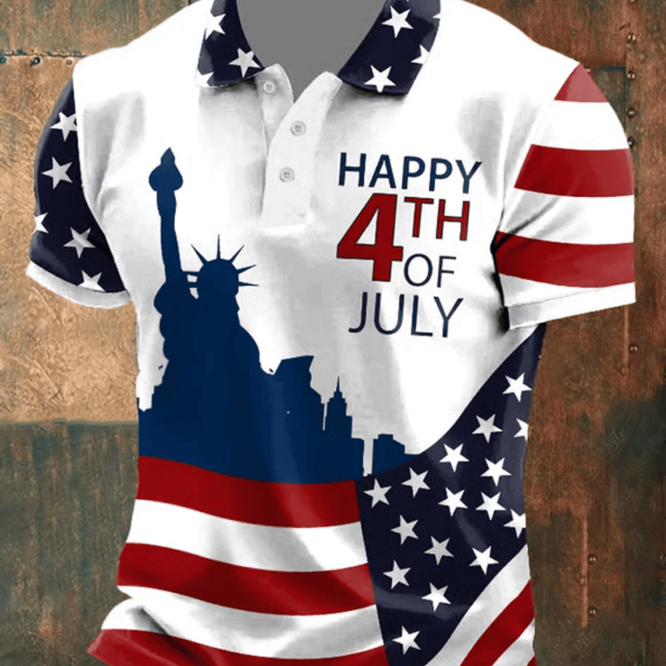 TEMU Men's Casual Sports Short-sleeve | Featuring Statue Of Print For Usa 250th Anniversary, Machine-washable Polyester, Breathable Regular Fit, Ideal For Weekend Casual Wear