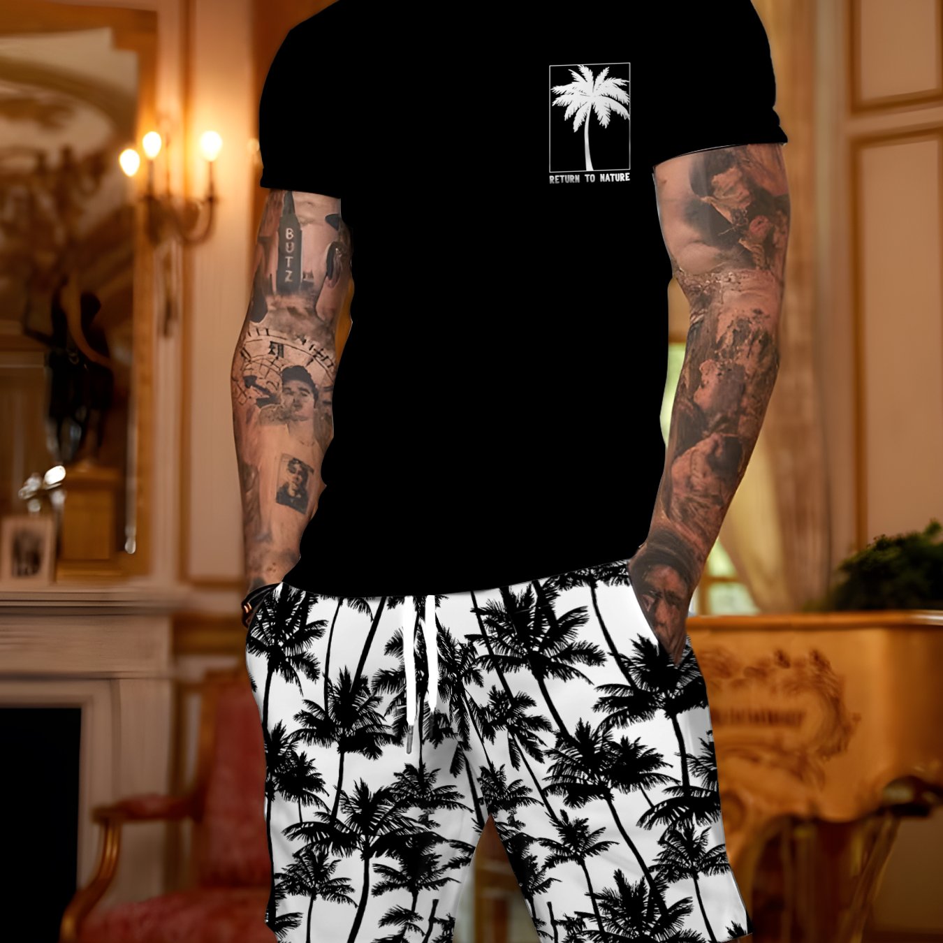 TEMU 2pcs Men's Matching Coconut Tree Print Swim-suitable T-shirt & Board Shorts - Full-body Palm Print Beachwear, Machine Washable Summer Outfits