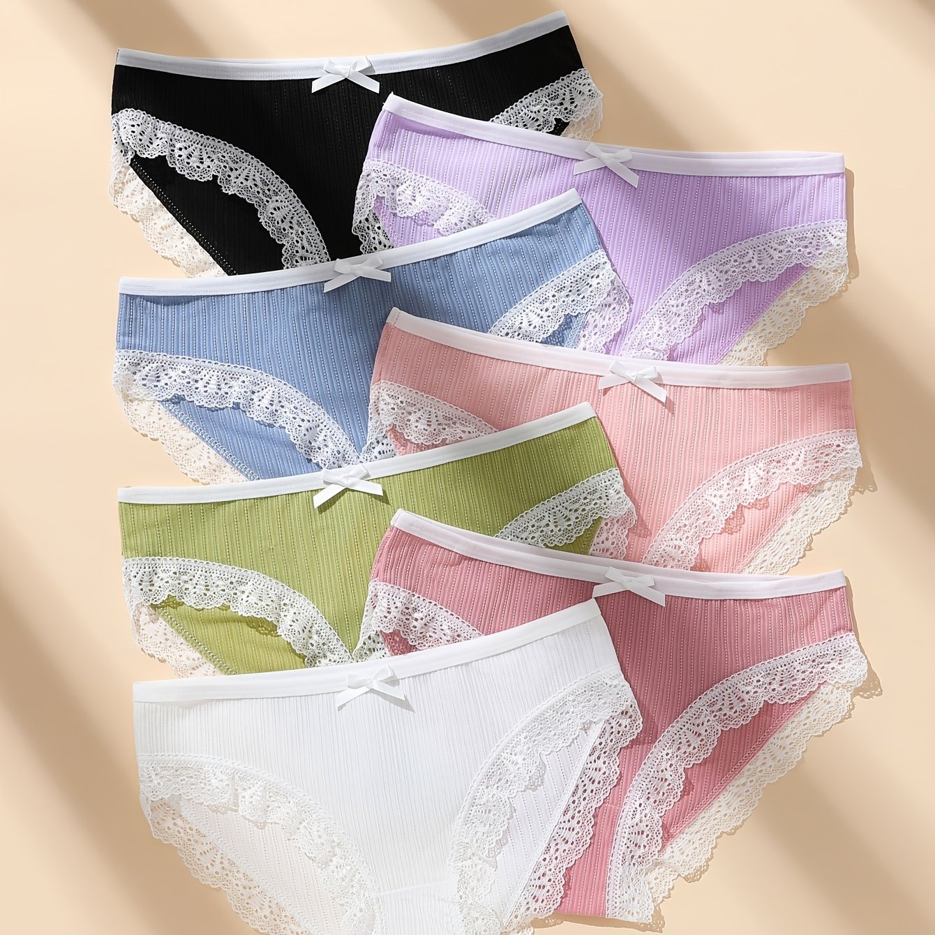 TEMU 7pcs/pack Women Soild Color Briefs Bow Lace Design Cute Elastic Comfortable Ladies Panty
