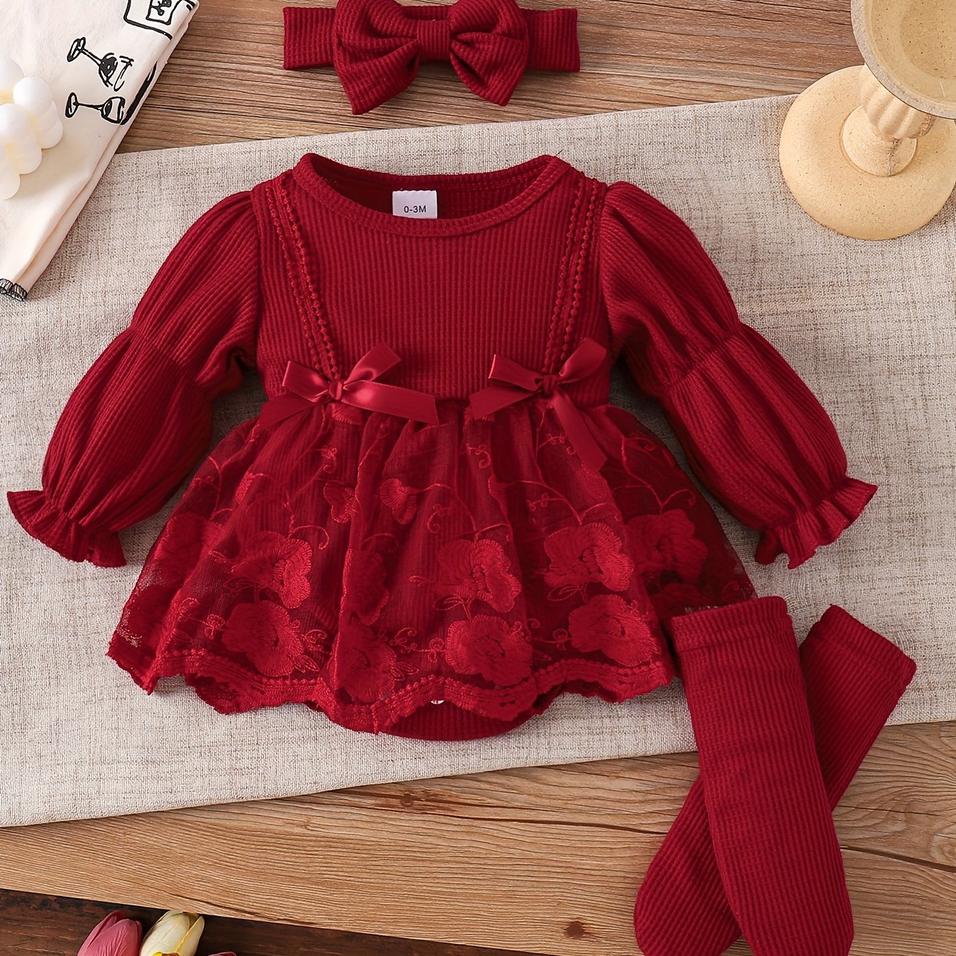 Image of Baby Girl Cute Long Sleeve Waffle Knit And Mesh Romper With Headband And Socks, Spring/autumn Lightweight P101796, For Outdoor