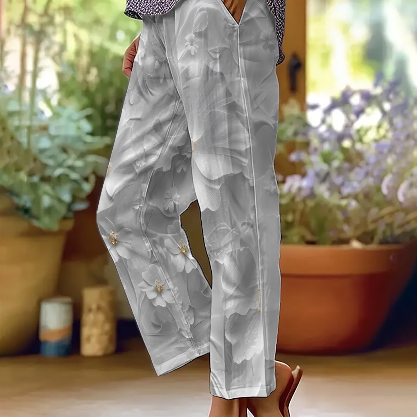 TEMU Spring Summer Casual Straight Leg Women's Long Pants, Is White Embossed Floral, Rich Petal Layers, Realistic Flower Shape Print - Elastic Waist