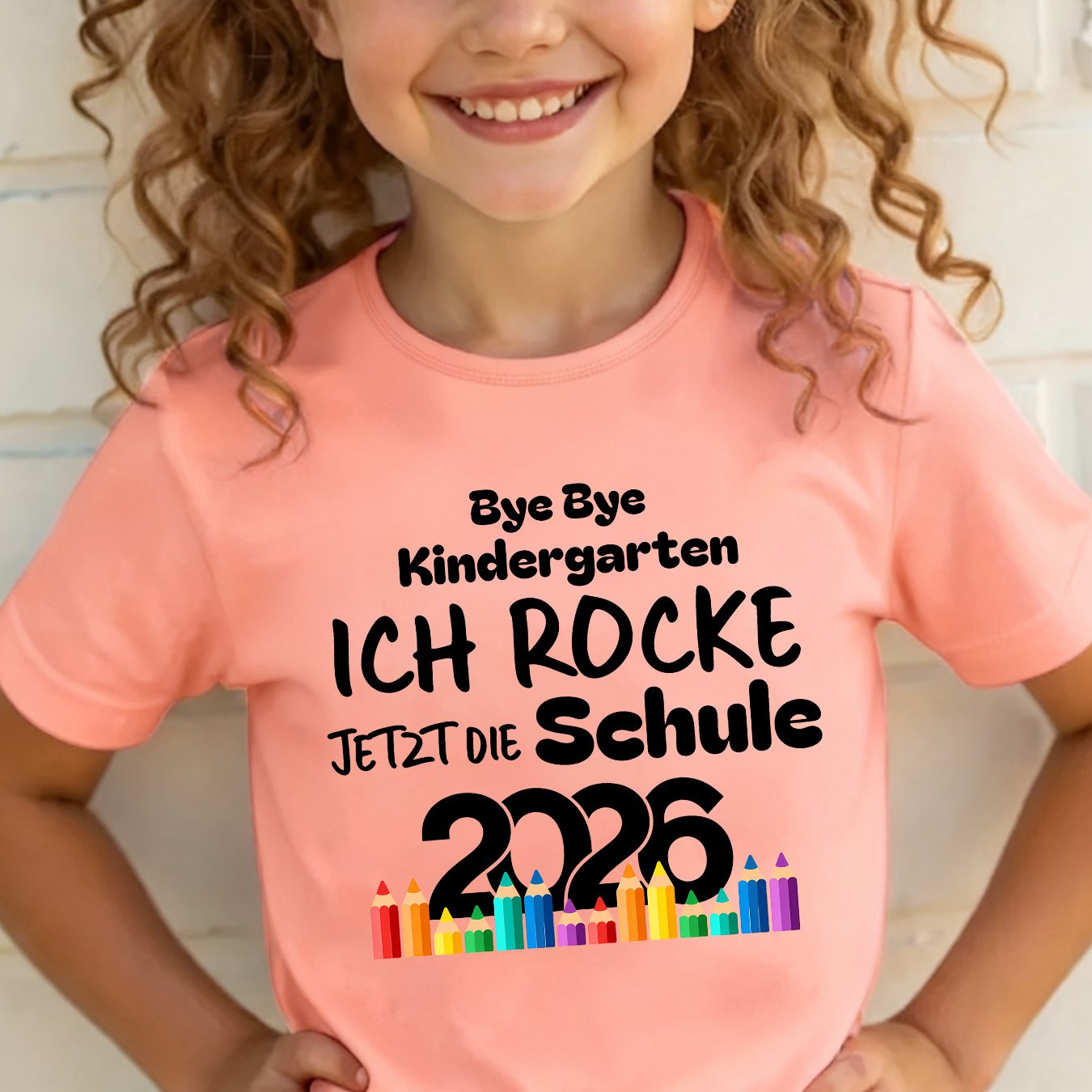 Image of Summer Fashion Girls' Short Sleeve T-shirt " Kindergarten Jetzt Die Schule 2026" Letter Rainbow Colored Pencil Cartoon Pattern Versatile Top Ny-dx9872