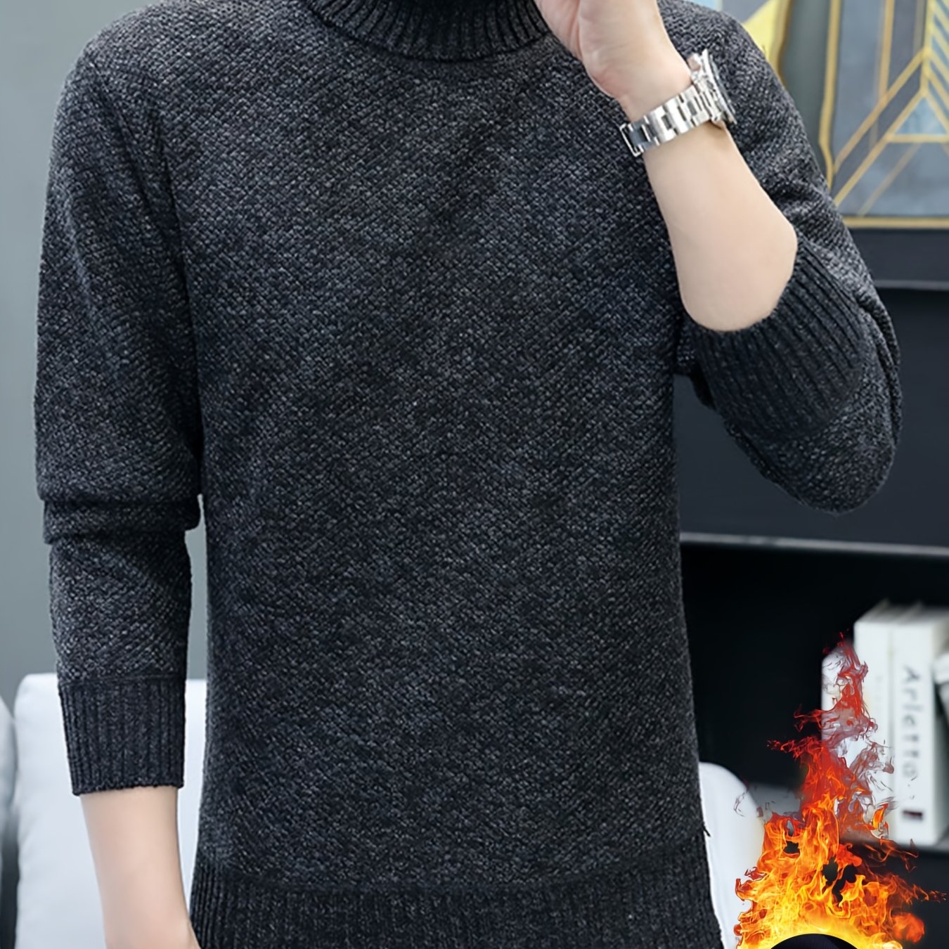 TEMU Autumn Winter Men's High Neck Fleece Thick Sweater Men's Knit Pullover Casual Base Layer Men's Clothing
