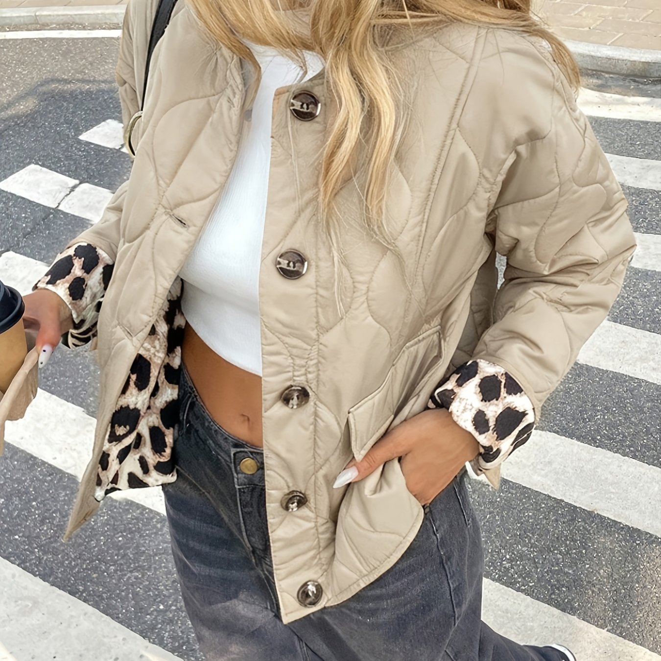 TEMU Women's Elegant And Fashionable Leopard Print Lined Autumn/winter Warm Padded Short Button Jacket Outerwear