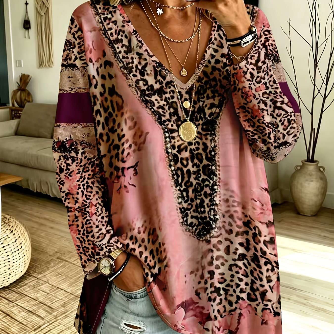 TEMU Plus Size Women's Leopard Floral Contrast Printed V-neck Long Sleeve T-shirt Loose Coverage , Casual Versatile , No Additions Included