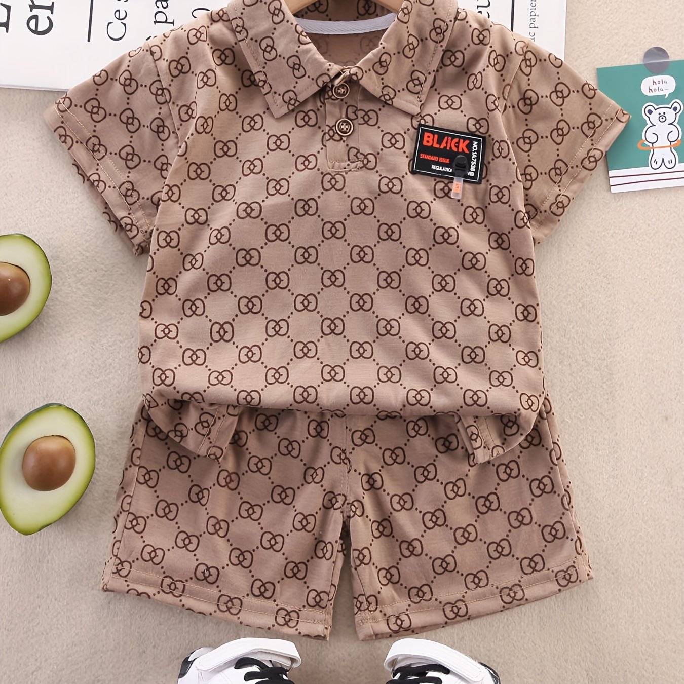 Image of Hibobi 2pcs Toddler Boy Pure Allover Printing Short Sleeve Shirt & Matching Shorts, Perfect For Outdoor