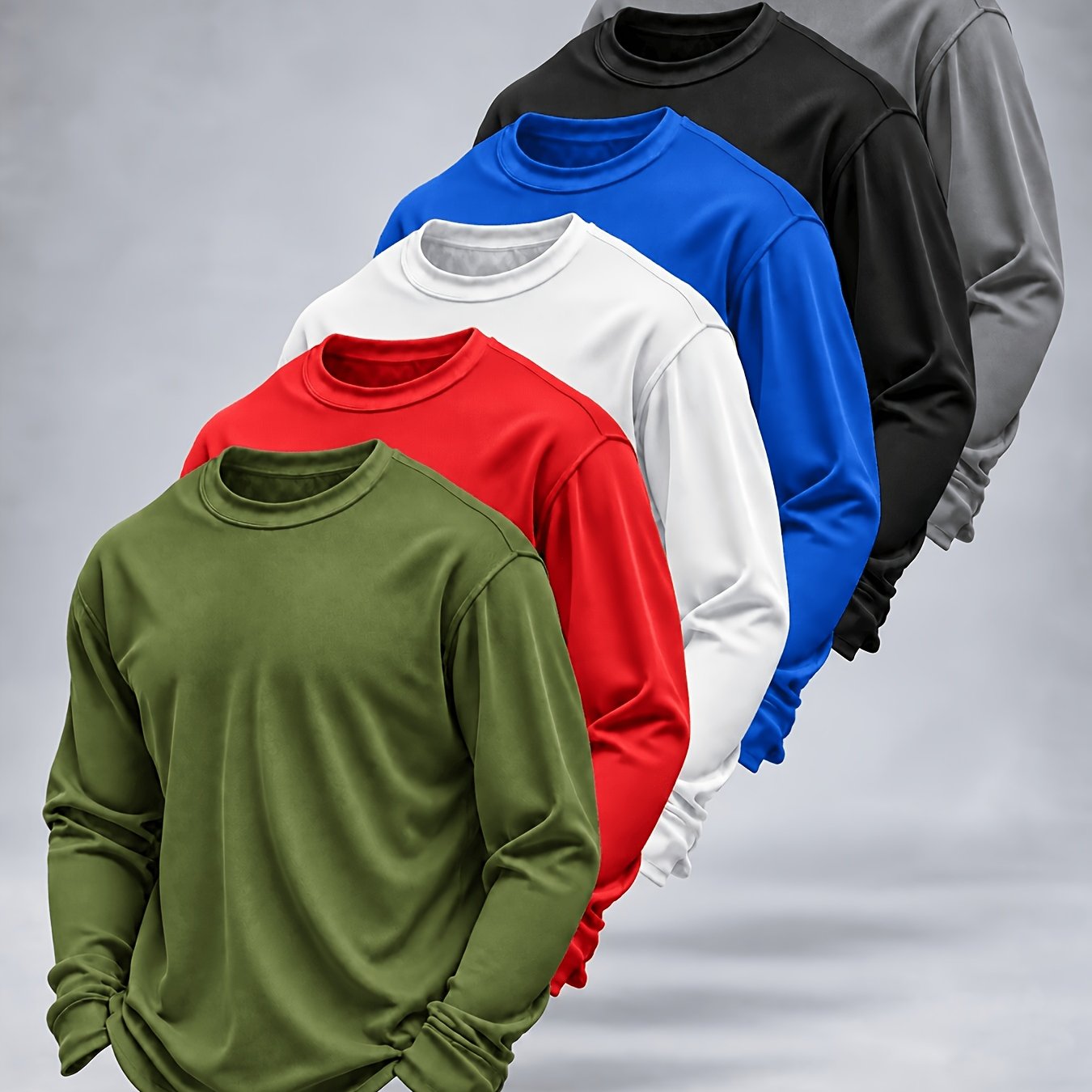 TEMU Men's 6pcs Long Sleeve Basic Shirts, Quick-dry Moisture-wicking Crewneck Tees, Lightweight Stretch Breathable Base Layers For Fall & Winter,