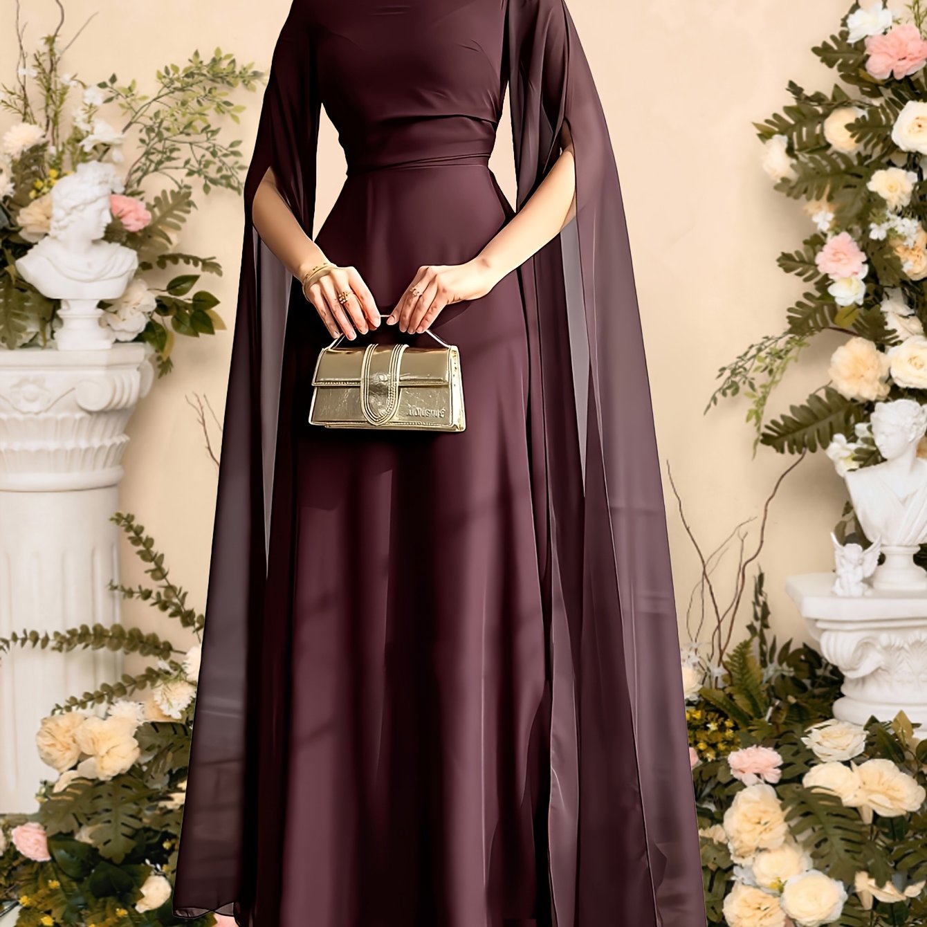 TEMU Elegant Dark Red Slit Sleeve Long Dress, Adjustable Waist Party Gown, Dubai Style Wedding Toasting Outfit, Suitable For Christmas, Valentine's