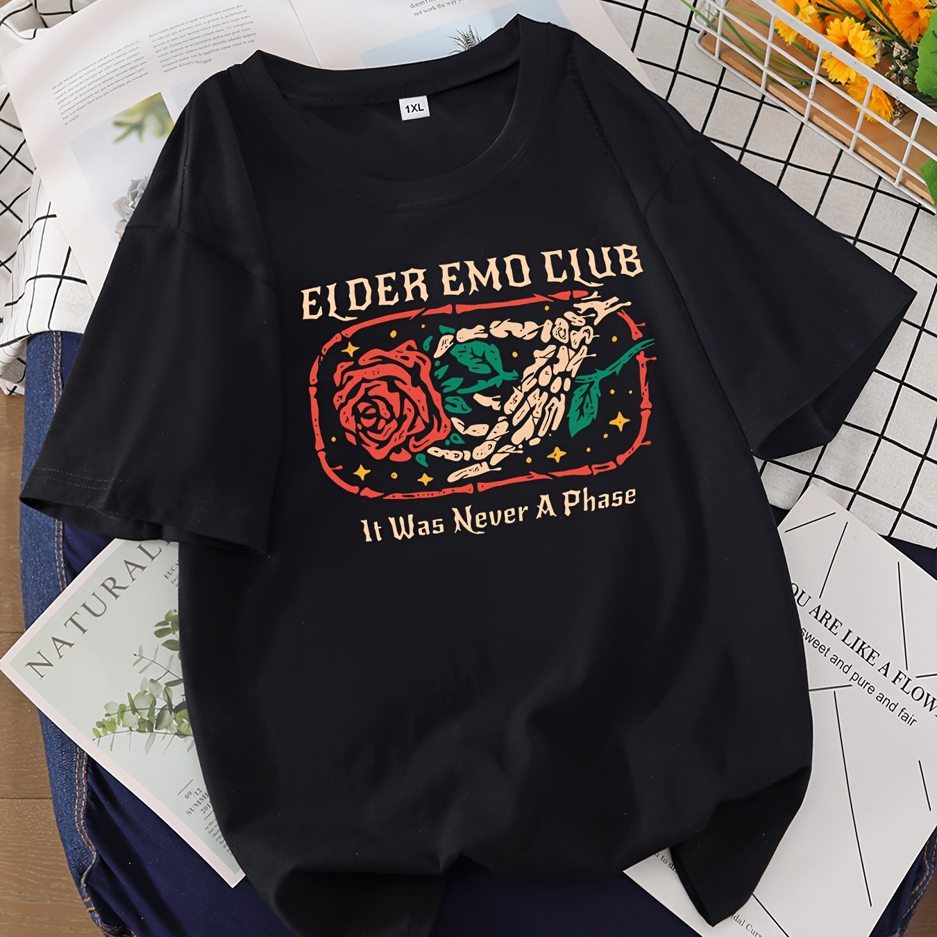 TEMU Plus Size Women's Print T-shirt - Short Sleeve Crew Neck Casual Top With " Emo Club" & "it Was Never A Phase" Graphic, Stretchy Machine-washable