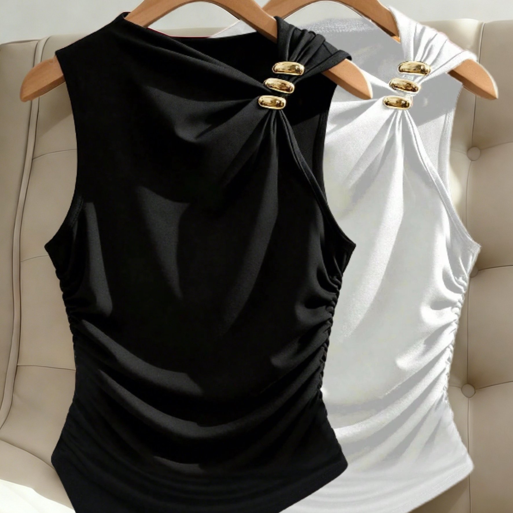 TEMU 2pcs Casual Fashion Metal-trimmed Slim-fit Camisole Sleeveless Top Set