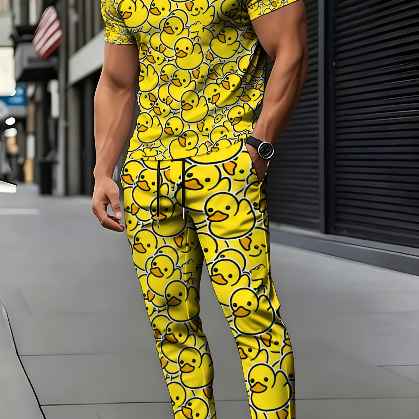 TEMU Yellow Duck Pattern Print Men's Short Sleeve Set, Casual Fashion Two-piece Suit For Men