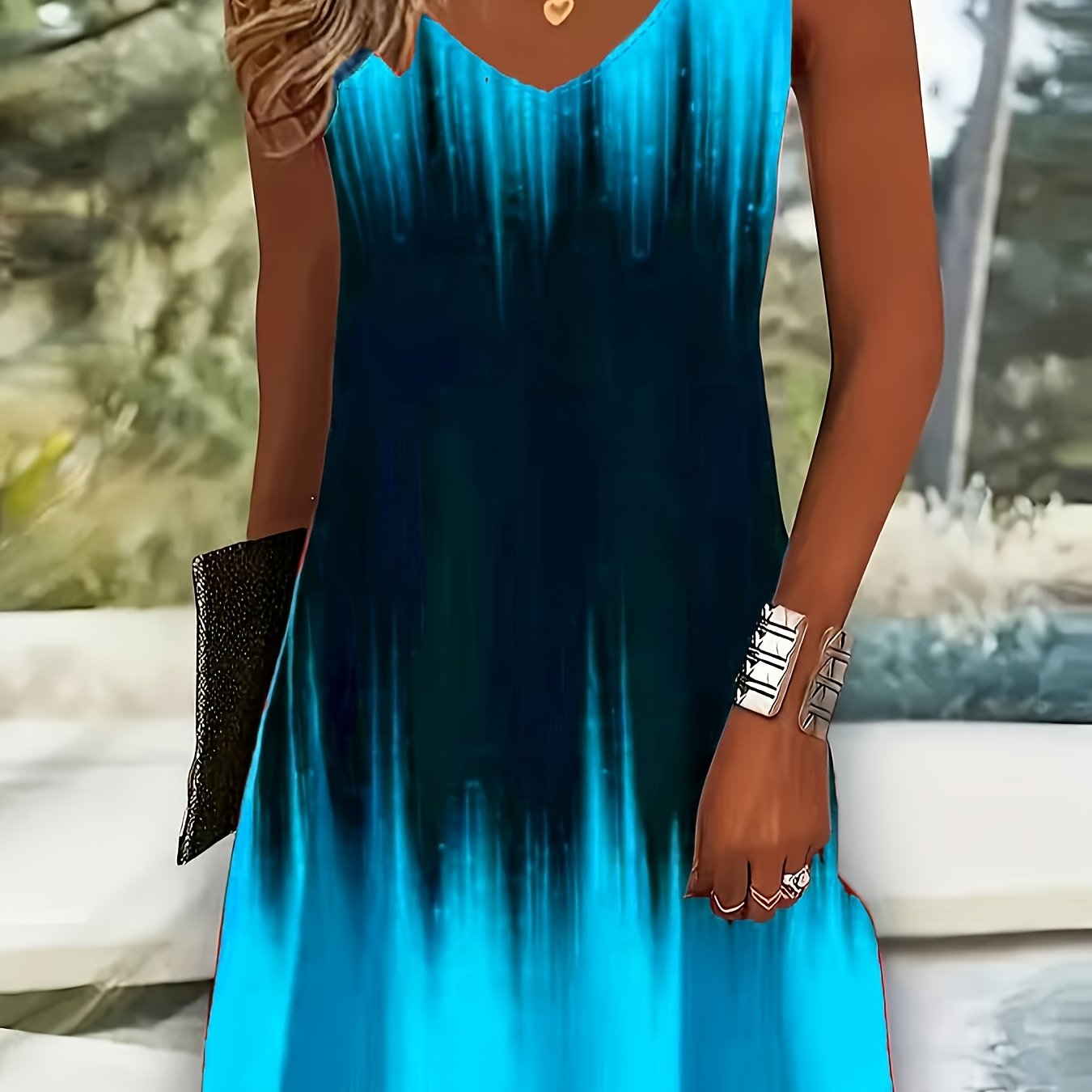 Image of Women's Casual V-neck, Fiber, Gradient Color Sleeveless Spring And Summer Dress