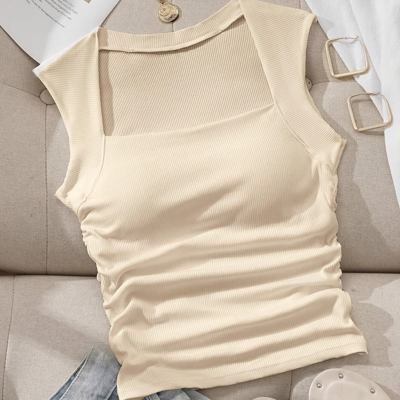 TEMU Chaleco de moda para mujer con cuello cuadrado sin relleno, 250G, sin aberturas