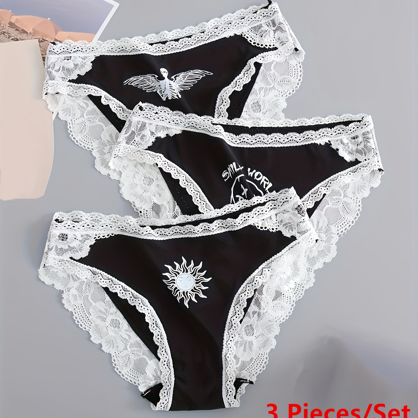 E-shop 3er Set Damen Slips mit Spitze, atmungsaktiv, nahtlos, Eis-Halloween-Print in zufälligen Farben