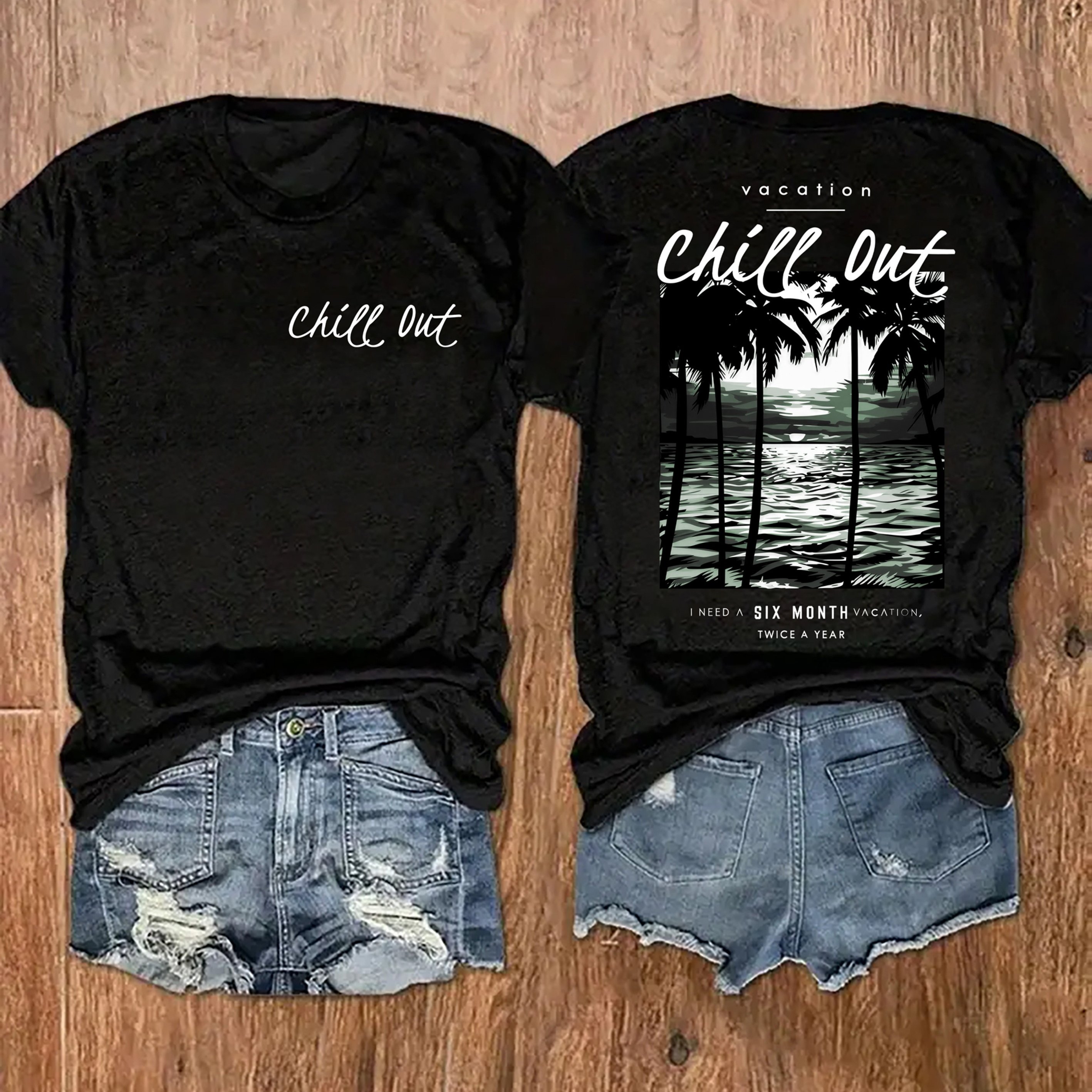 Ocean Palm Tree Print Round Neck T-shirt, Casual Vacation Women's Short Sleeve Top, Women's Clothing