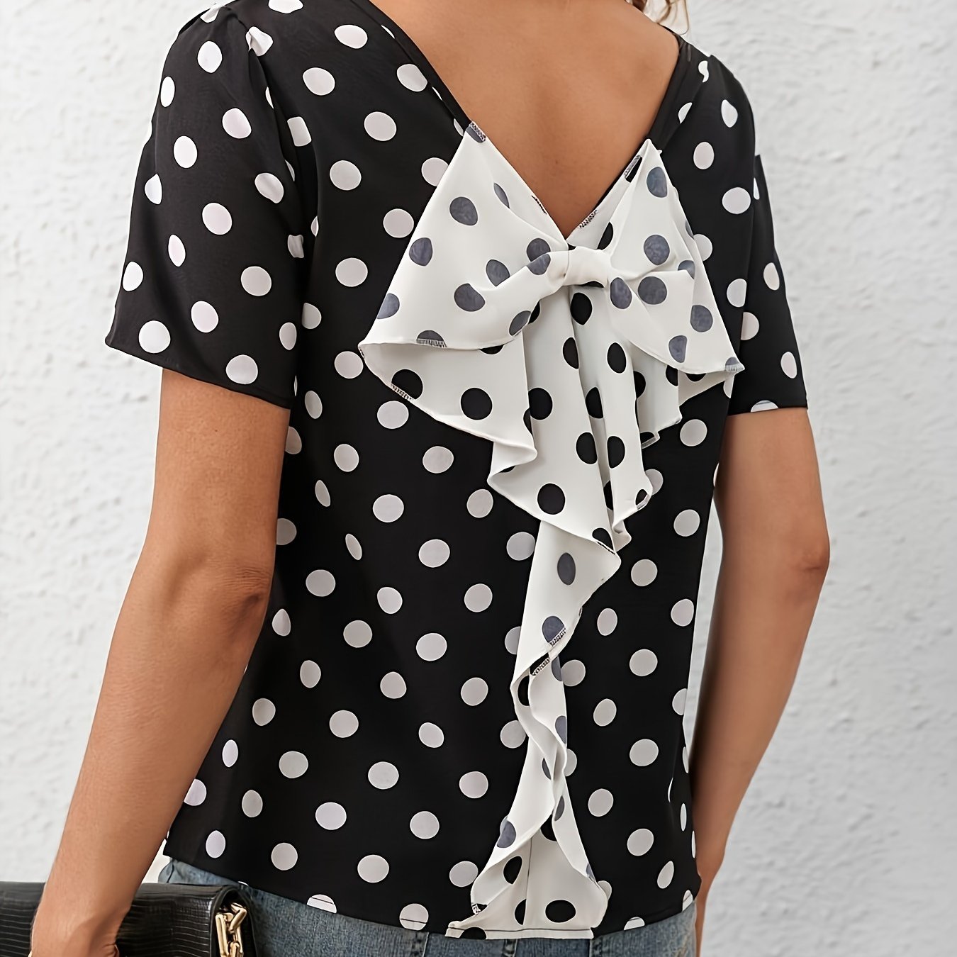 TEMU Polka-dot Neck , Ruffle Bow Short Sleeve Top For & Summer, Women's Clothing