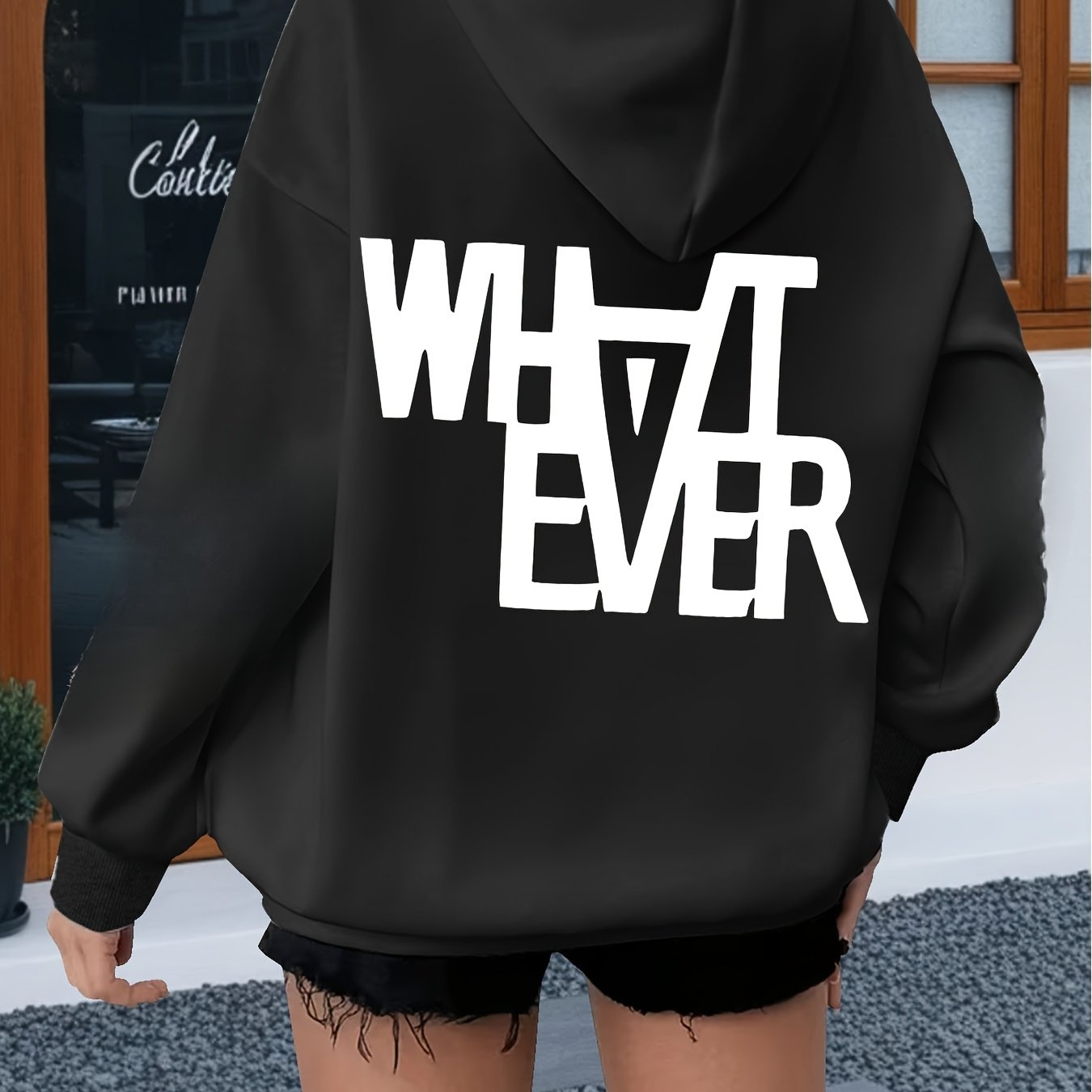 TEMU 2026 Plus Size Fashionable Casual Hooded Sweat For Men And Women Women's Plus Size Letter Drawstring Hooded Long Sleeve Kangaroo Pocket Sweat