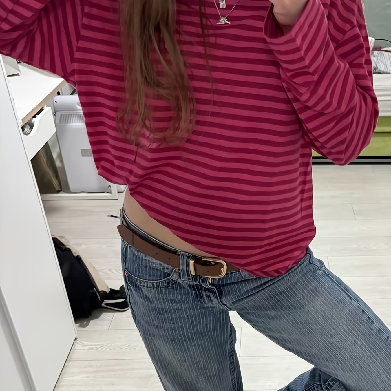 TEMU Elegantes Damen T-Shirt mit Rundhalsausschnitt, langen Ärmeln, Streifenmuster und lockerem Cut, ideal für Herbst und Winter, geeignet für Dates,