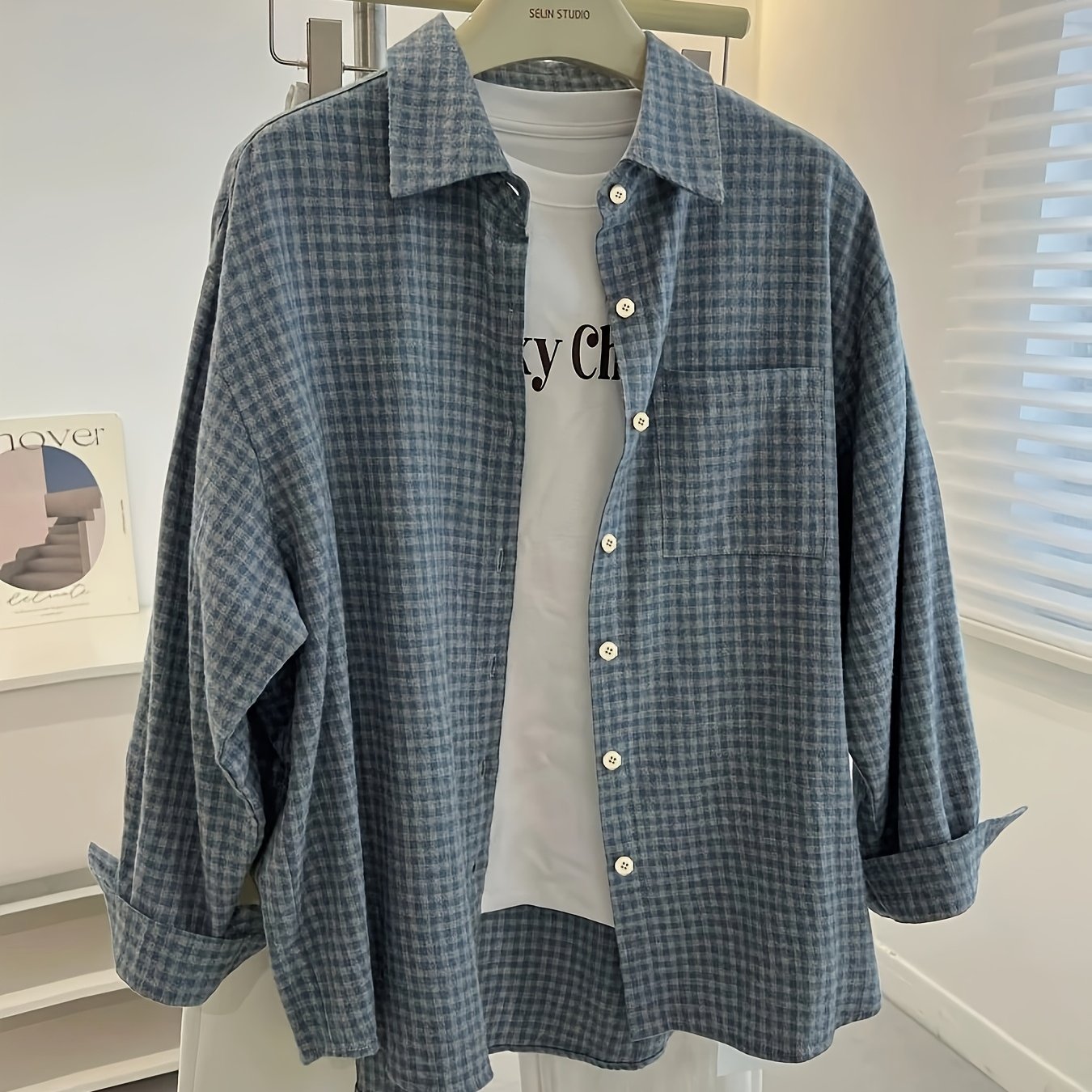 TEMU Chemise à manches longues brossée à carreaux, simple et décontractée pour femme
