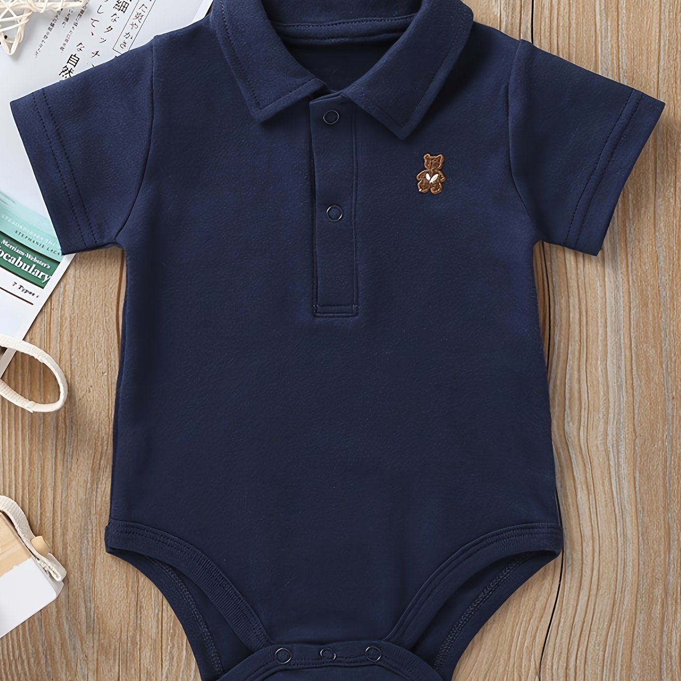 Image of Cute Baby Triangle Romper Lapel Baby Shirt Romper Bear Embroidery Short-sleeved Romper Climbing Suit, For Outdoor, Boys And Girls Clothes