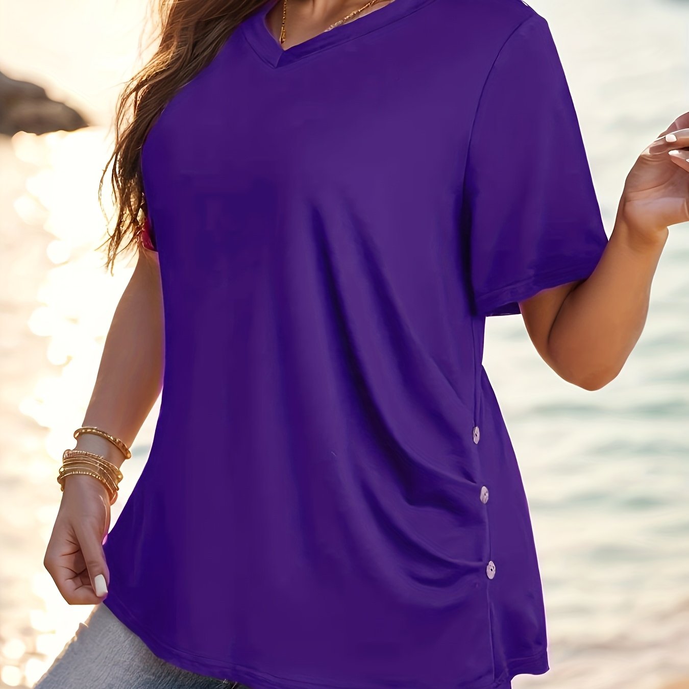 TEMU Grande Taille - Grande Taille - T-shirt d'été à manches courtes , col en V, couleur unie et décontracté pour femmes