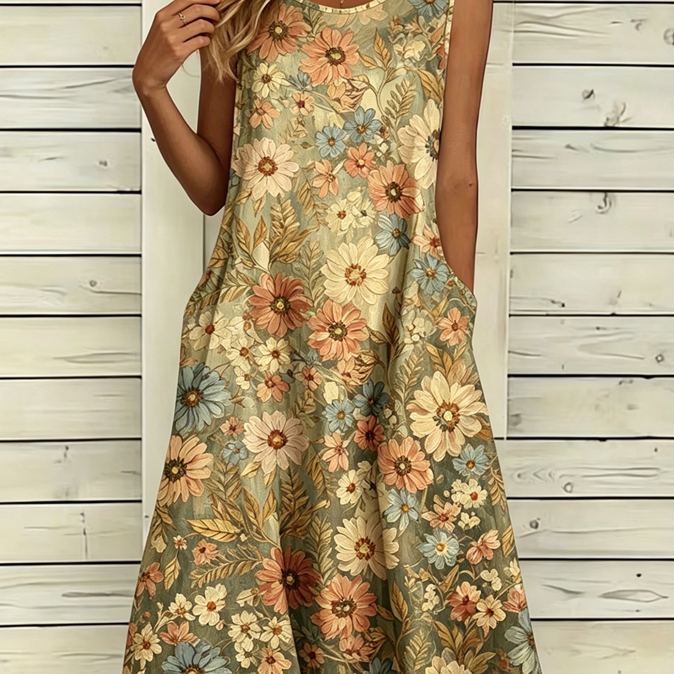 Image of Plus Size - Plus-size Summer "forest-style" Oil-painting Print Sleeveless Round-neck Vacation Dress - Women's Mid-length Casual Dress With Side Pockets, Ideal For Commuting And Vacation Wear