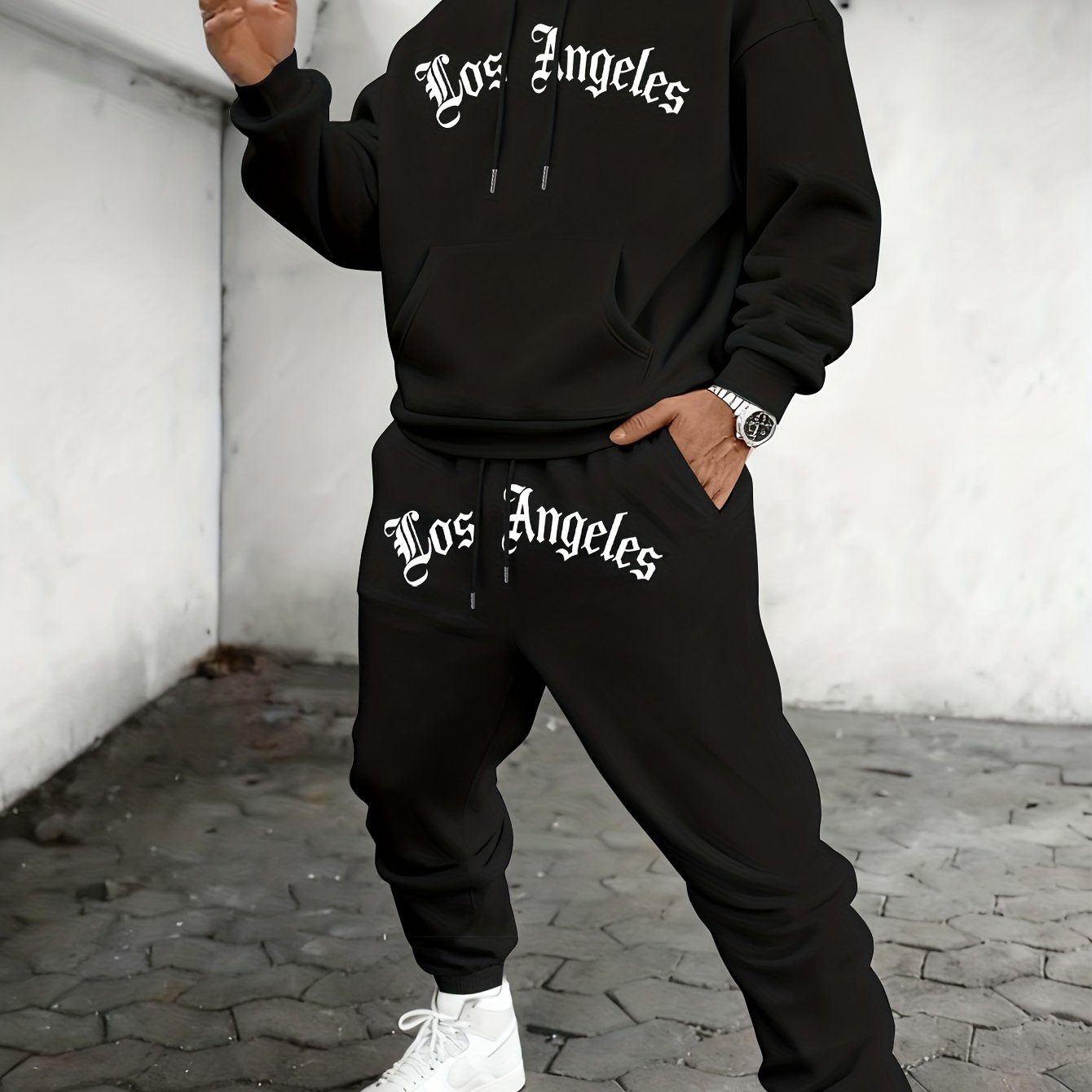 TEMU Men'-piece Casual Set Featuring A Print Drawstring Hoodie And Matching Drawstring Sweatpants