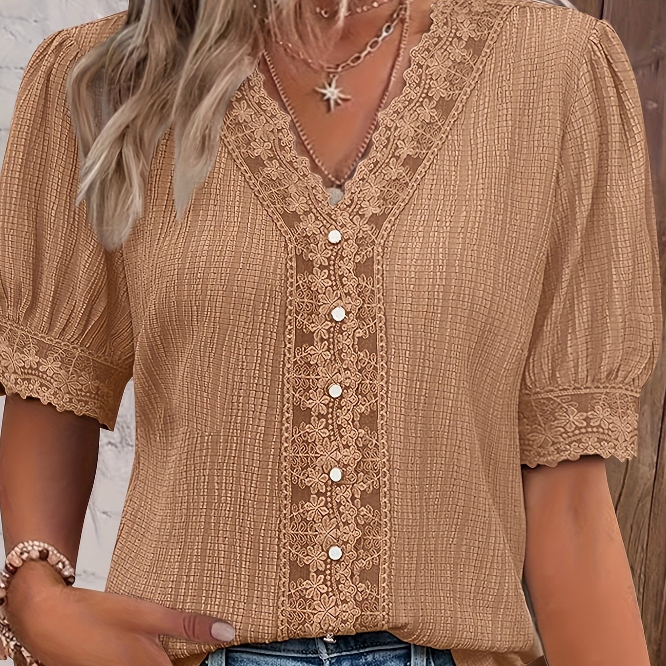 E-shop (2503) 2025 Frühling/Sommer Top mit Spitze und Patchwork, kurze Ärmel
