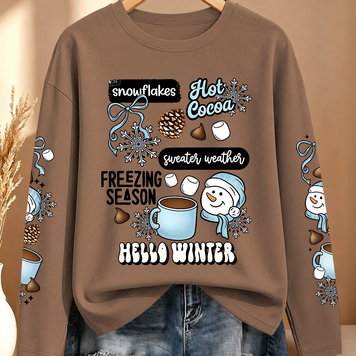 TEMU [christmas] Women's Autumn Clothing Snowflake Snowman Letter Multi-sleeve Printed T-shirt, Sport Casual Lightweight Comfortable Soft Fashionable