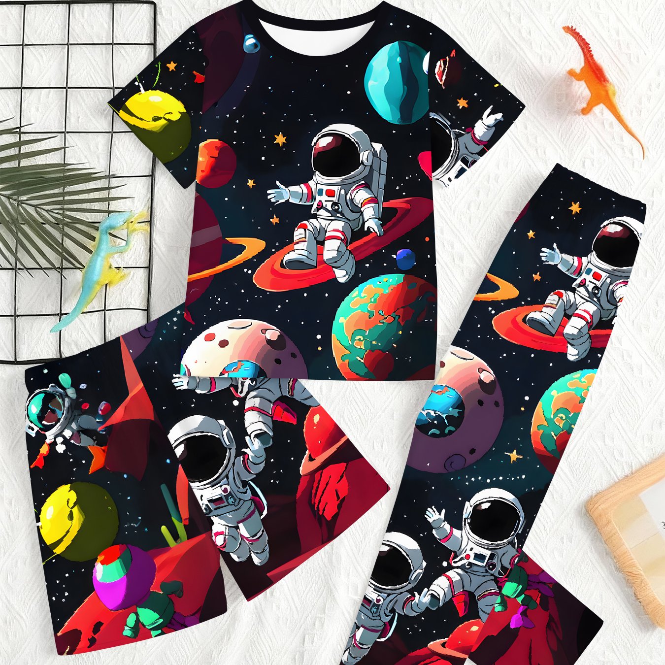 A Set Of 3 Pieces For Boys Featuring Short-sleeved T-shirts And Shorts Or Pants With A Astronaut Design, And Skin-friendliness. This 3d Printed Set Is Casual And Cozy, With A Theme
