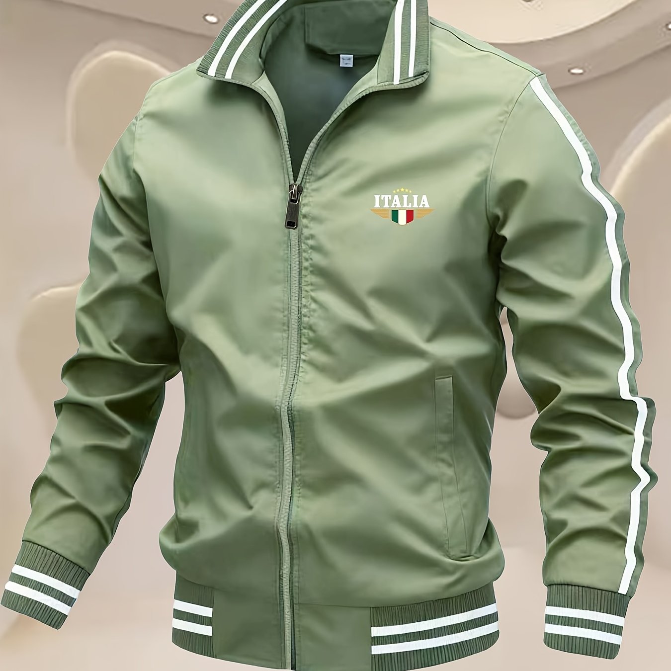 TEMU Back-to-school Men's Italia Italian Emblem Striped Stand Up Collar Jacket Side Strip Splicing Zipper Cardigan Casual Versatile Windproof Coat