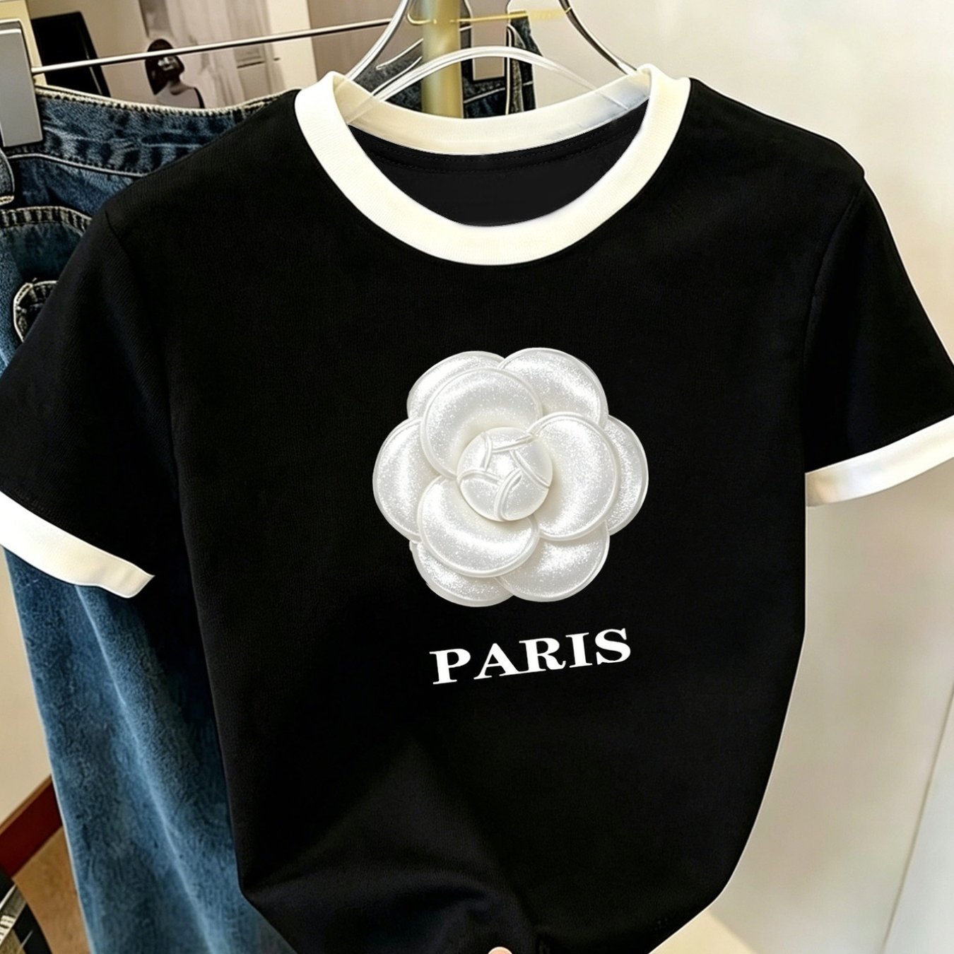 TEMU Women's Black And White Contrast Fashion T-shirt, Paris, Camellia Creative Print, Retro Casual Round Neck Women's Short Sleeve, , Style