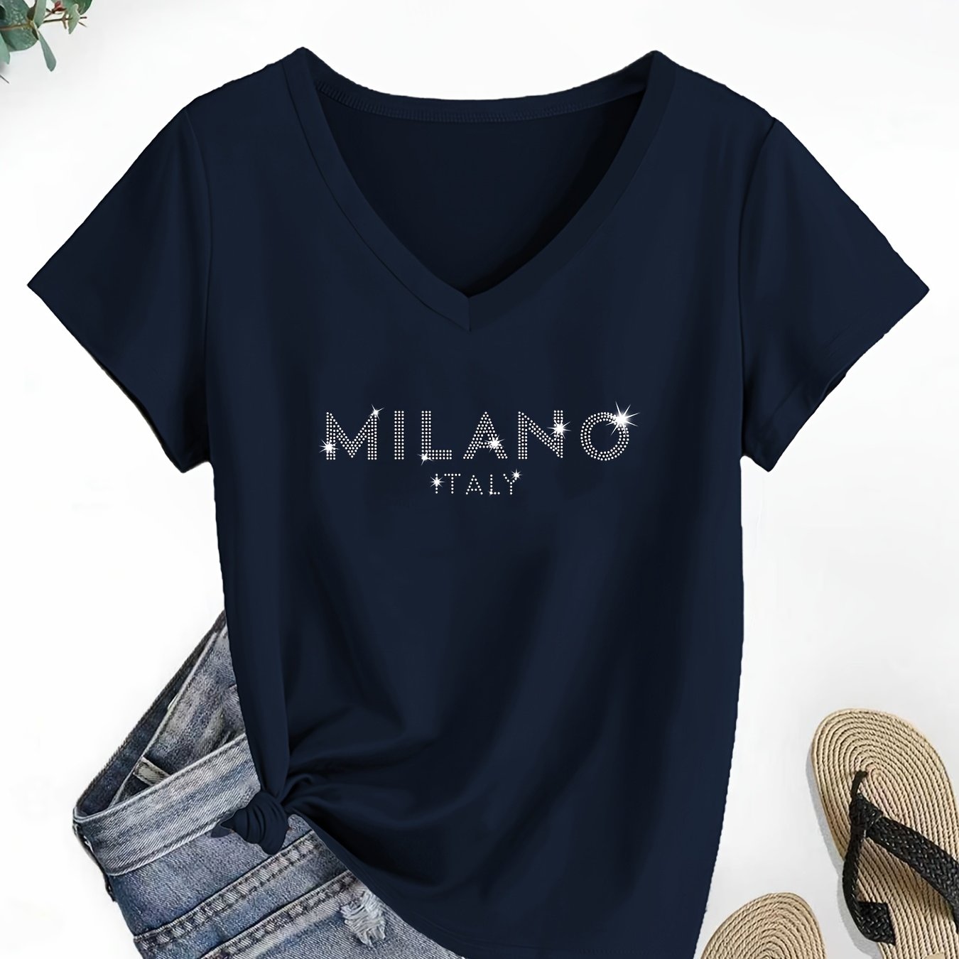 TEMU Letter Print Women's V-neck Short Sleeve T-shirt, Spring Summer Casual Top, Elegant Fashion Comfortable Versatile Blouse, 2d Simulation Print