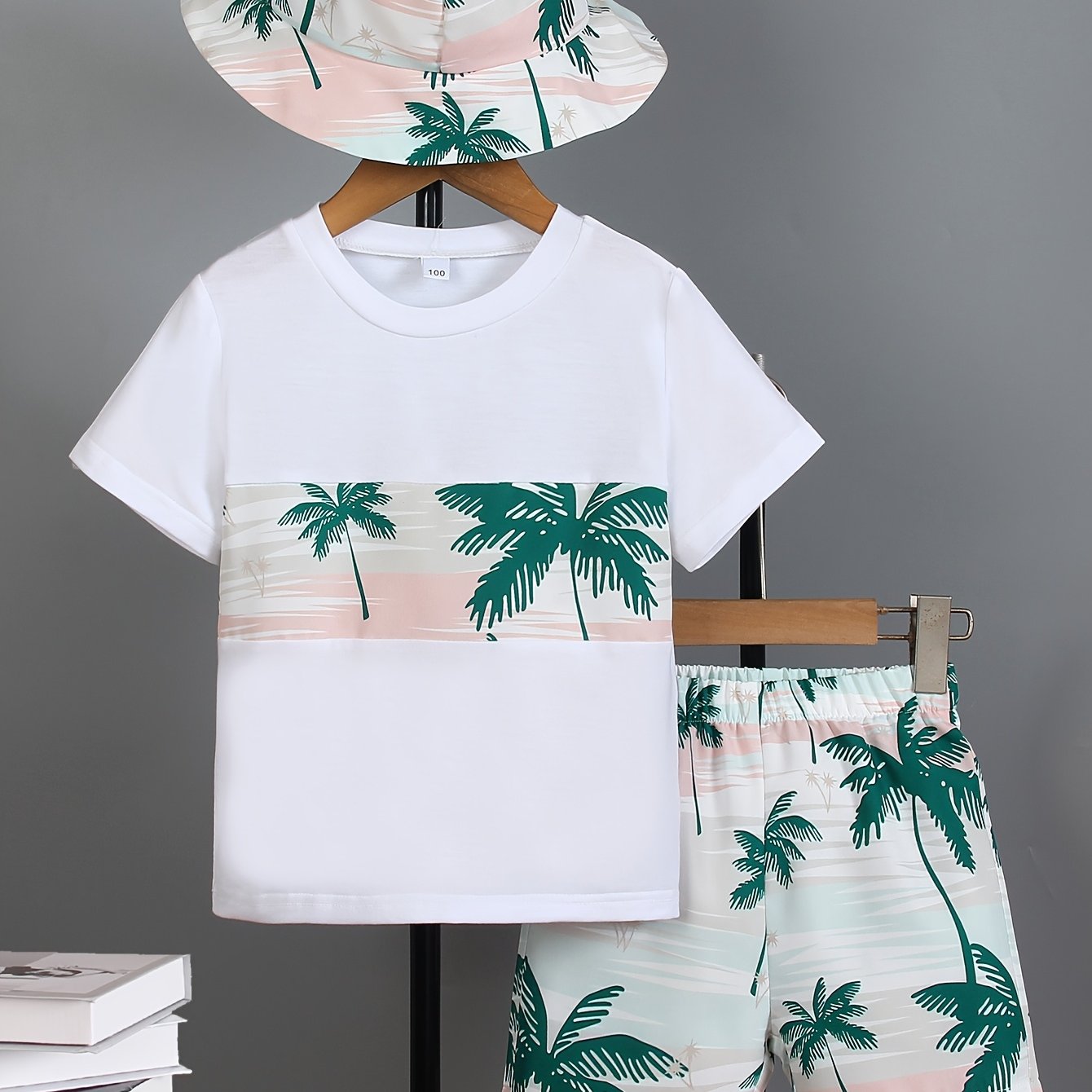Image of Boys' Casual Comfortable T-shirt + Shorts + Hat Three-piece Set For Holiday, Outing And Play, Perfect For Outdoor