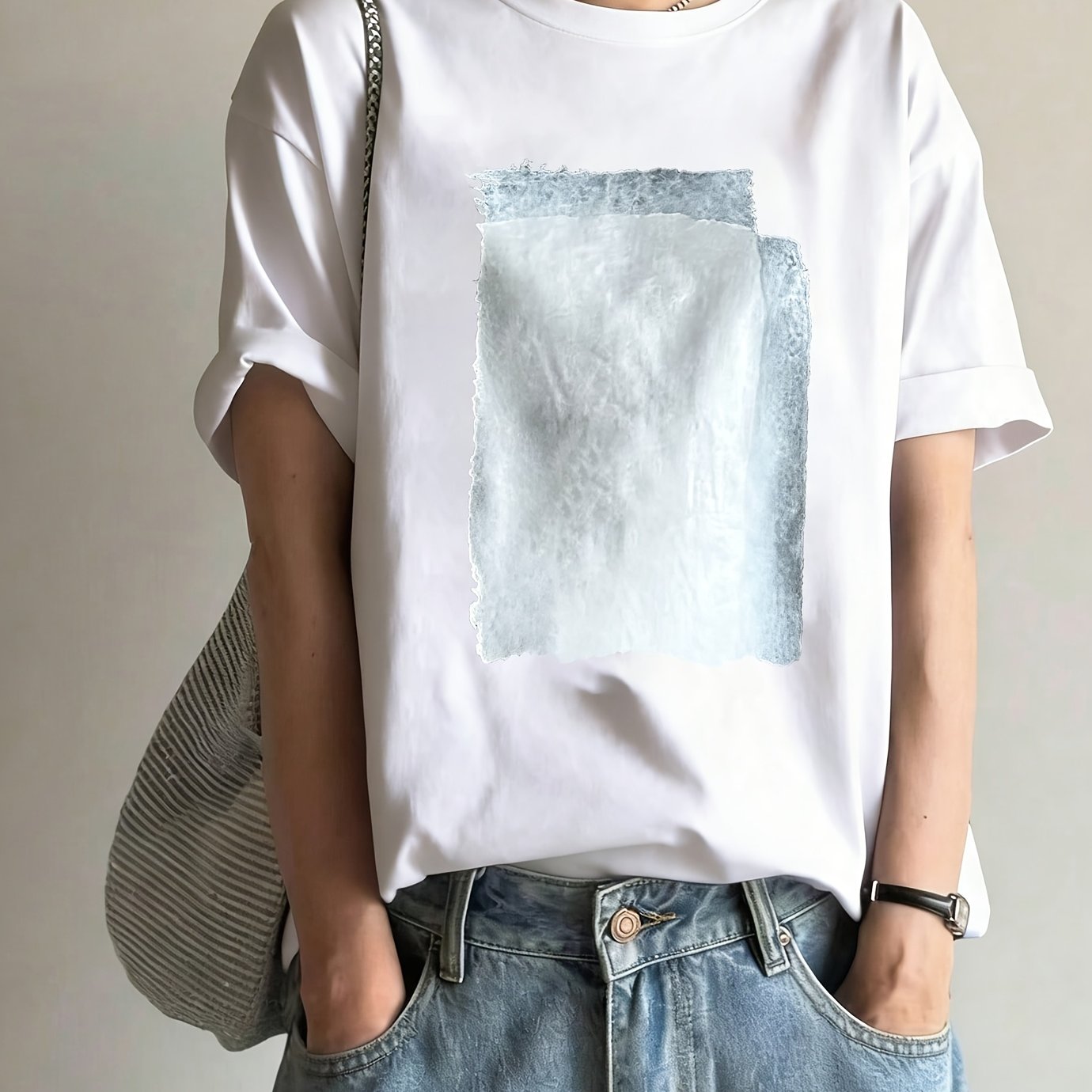 TEMU 【商品名】特定の方向を歩く正方形柄プリント 夏 ミディ丈 ゆったりトップス ス