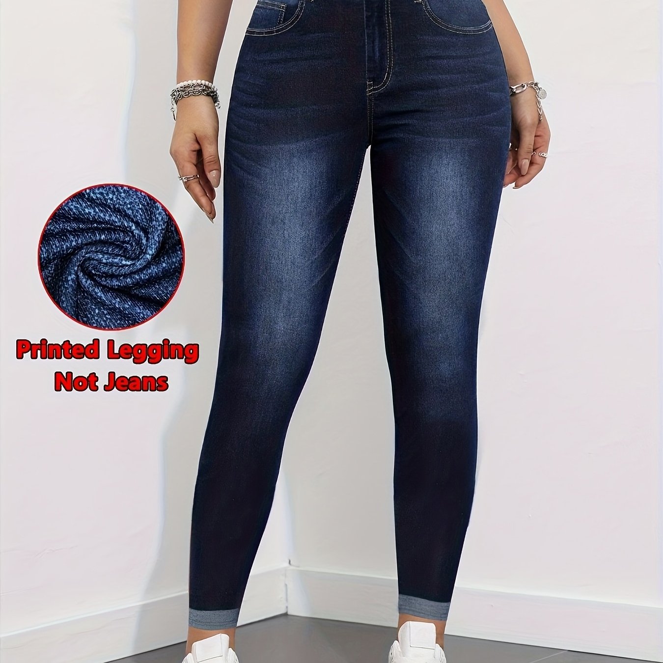 TEMU [Denim-Druck/Imitat-Denim] Gedruckte Leggings – Kein Denim-Stoff, Damen-Imitat-Denim-Leggings, Tiefes Königsblau, Denim-Druck,