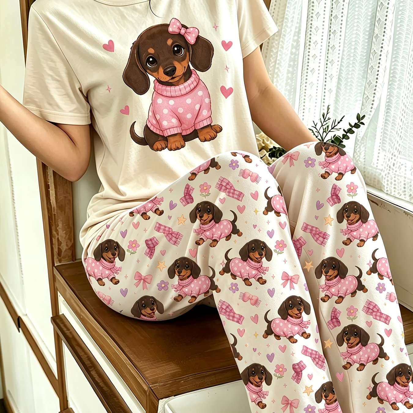 TEMU Women's Pajama Set With Bow And Sausage Dog Cartoon Print, Casual Round Neck Short Sleeve Top, Floral Heart Print Long Pants, Sleepwear, Adult