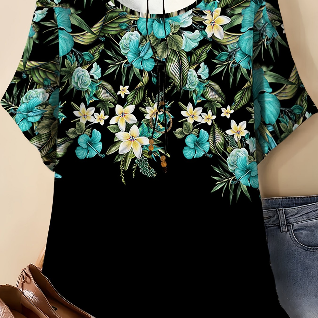 Plus Size - Plus Size - Plus Size Women's Tropical Floral Round Neck Loose T-shirt: Featuring A Solid With A Layered Tropical Floral And Green Leaf Pattern