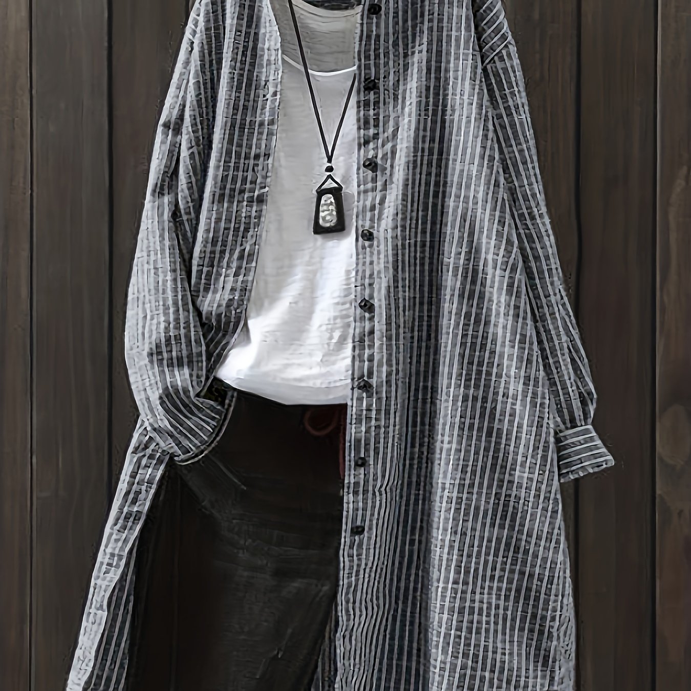 Image of Casual Striped Long Sleeve Shirt With Pocket Detail - Lightweight Polyester, Button-up Collared Design For Spring/summer/fall, Non-transparent With Smooth Texture