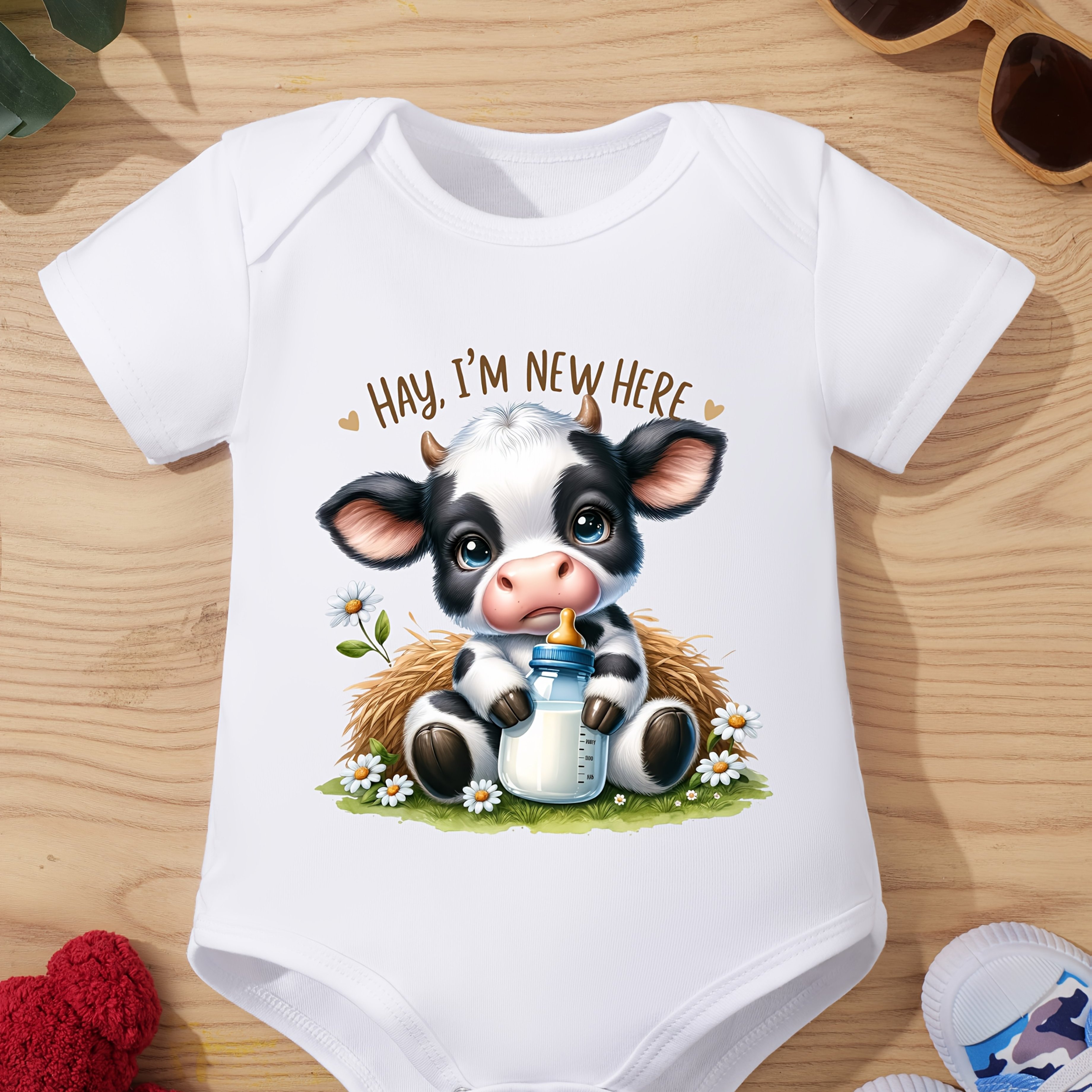 Image of Hi I Newly Reported Letter Print Cute Animal Calf 100% Newborn Toddler Unisex Spring And Summer Jumpsuit Romper As A Gift, For Outdoor