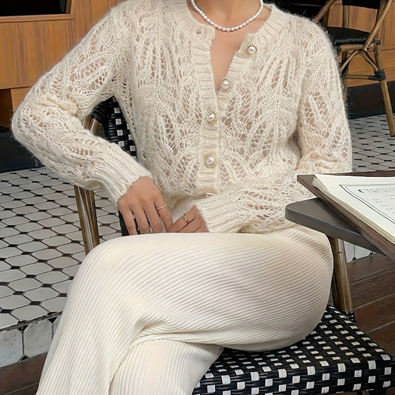 TEMU New Women's Hollow-out Long-sleeve Cardigan, Round Neck Air-conditioning And Cover-up, Loose , Spring/, Designer Gentle Style Soft Outerwear