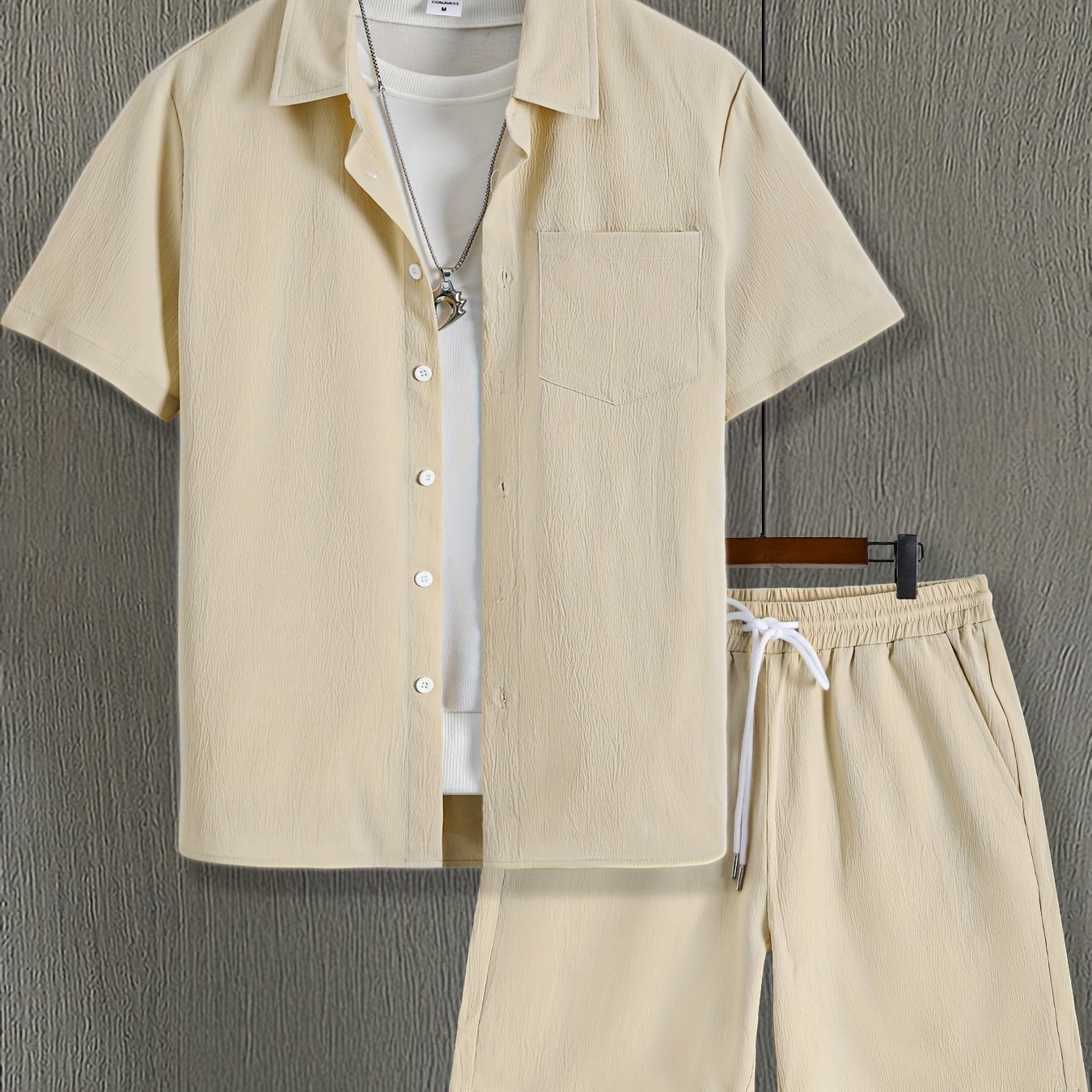 Men' Color Stretch Washed Wrinkle-free Single Pocket Short Sleeve Shirt And Drawstring Shorts Set